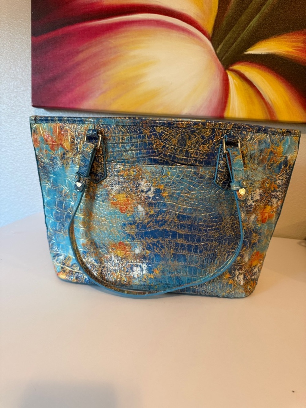 Brahmin Turquoise & Orange Croc-Embossed Tote - Picture 2 of 7